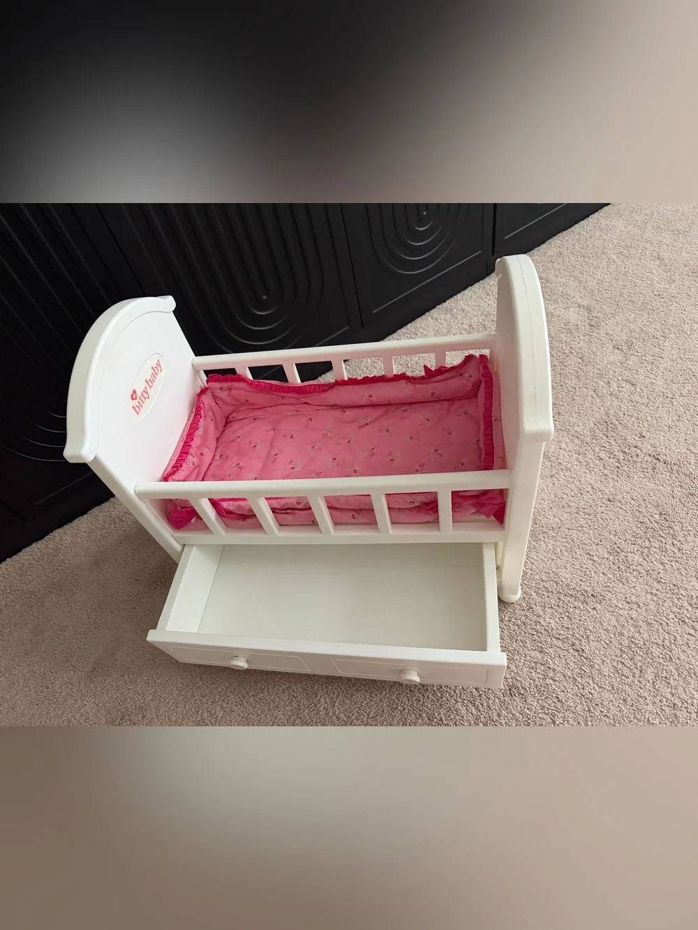 American Girl Bitty Baby Crib Bed storage Drawer Bumper mattress pink